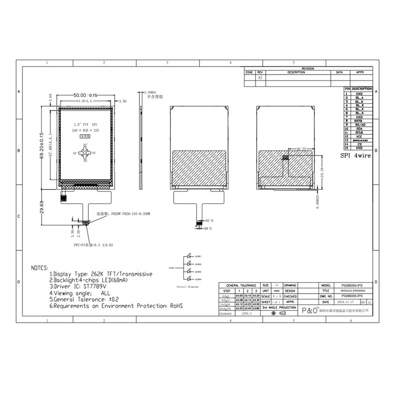 Esposizione LCD del touch screen di Pin di Polcd 40 240x320, pannello di tocco LCD a 2,8 pollici di MCU FPC TFT