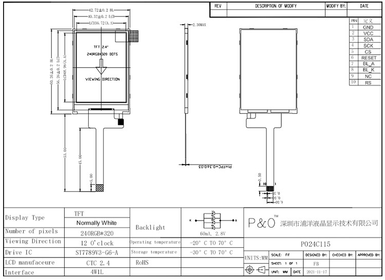 Polcd RoHS 2,4 pollici LCD TFT display ST7789V3 TFT modulo LCD 4 fili SPI