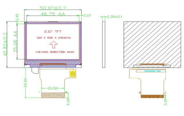 Polcd Color 262K 2,31 Inch Square Screen 300 Nit 320x240 tft display LCD
