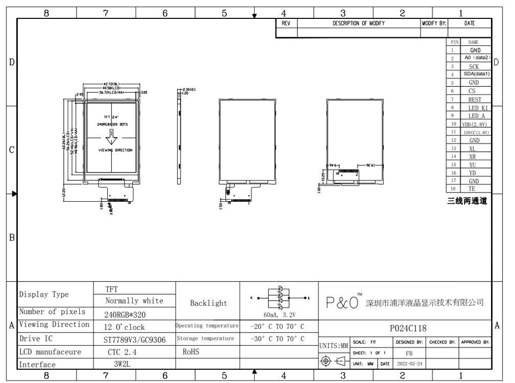 Polcd ST7789V2 HD TFT Display RoHS 2,4 Tft Spi 240x320 3 fili 2 linee
