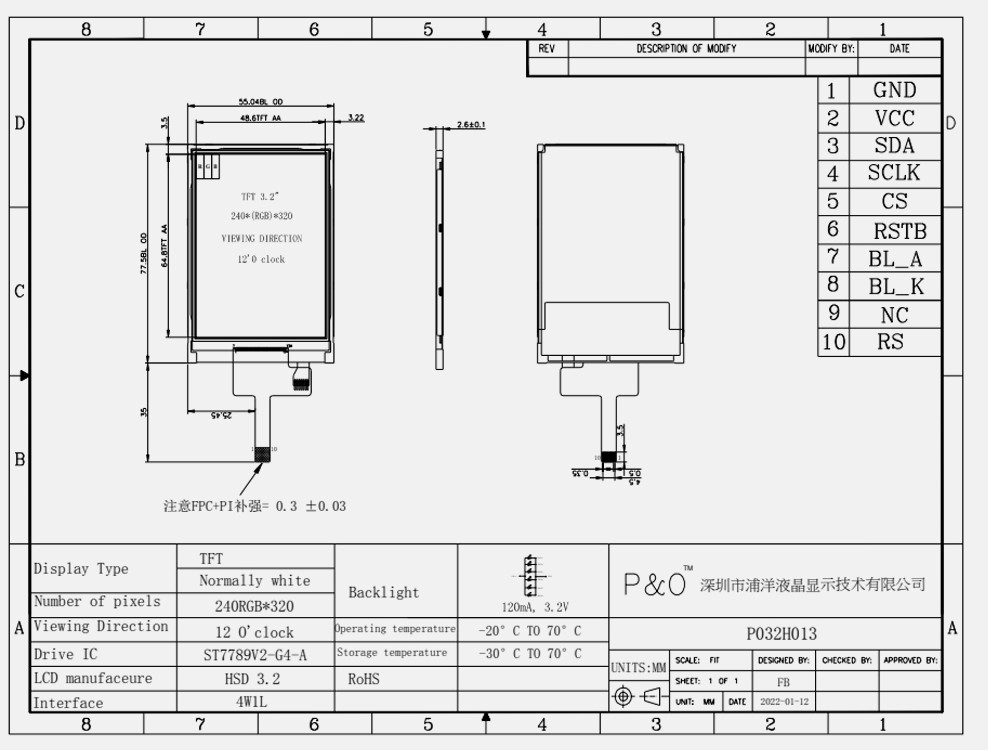 Polcd ST7789V 3,2 pollici Tft Lcd a colori 262K TFT LCD Display 48,6 mm 12 0'CLOCK