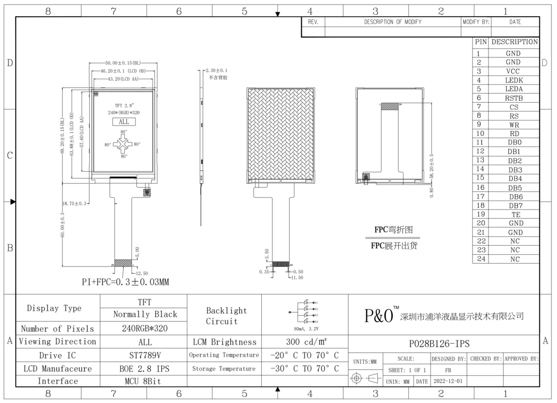 Polcd Display LCM da 2,8 pollici IPS Screen 240x320 Risoluzione MCU Interfaccia a 8 bit Modulo LCD TFT 24 pin