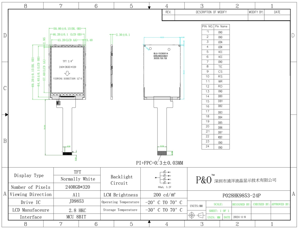 Polcd IPS Moduli 2.8' 240*320 Panel Spi interfaccia JD9853 IC Screen 2.8 Inch Tft LCD Display