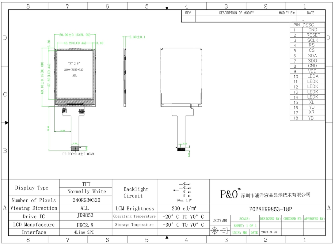 Polcd 2,8 pollici 240x320 IPS TFT LCD Screen SPI JD9853 IC Modulo di visualizzazione del pannello