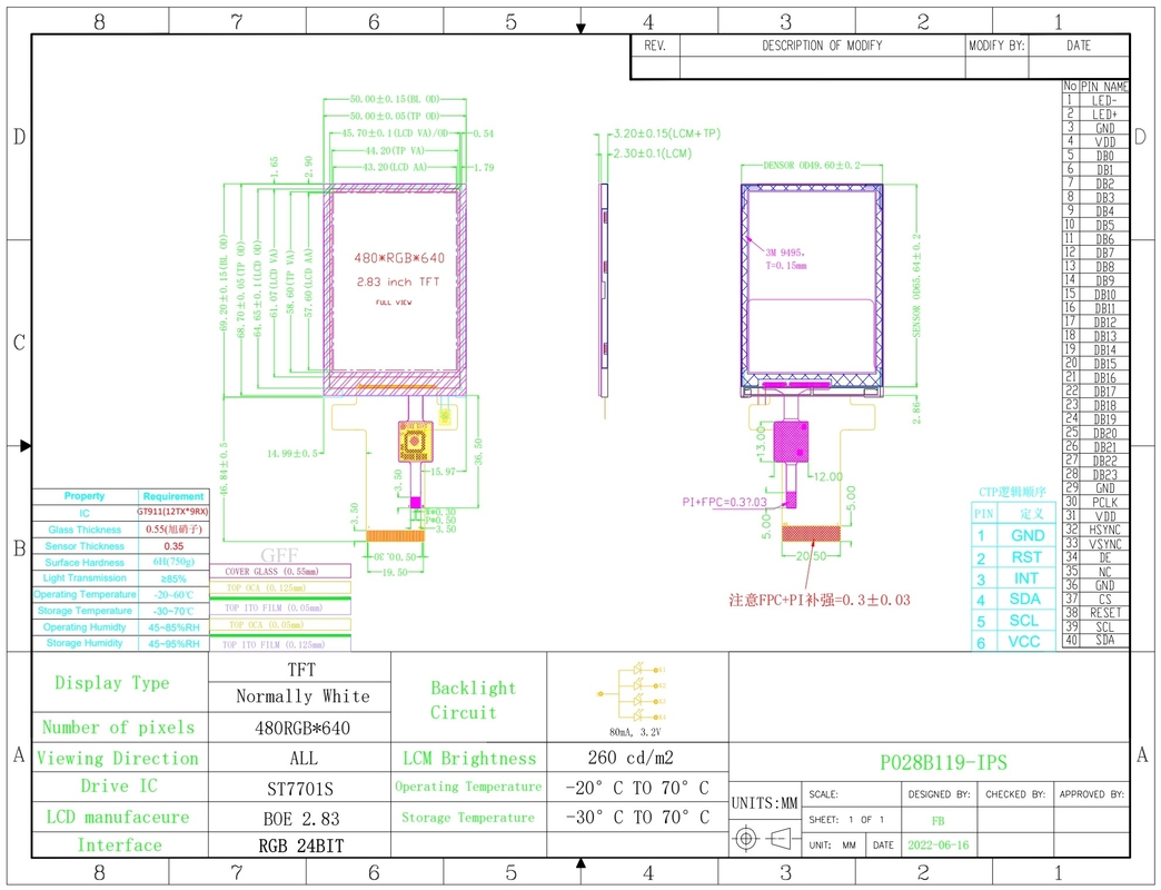 Polcd 2,8 pollici 480*640 Interfaccia RGB a risoluzione Touch Panel ST7701S Modulo LCD TFT Display