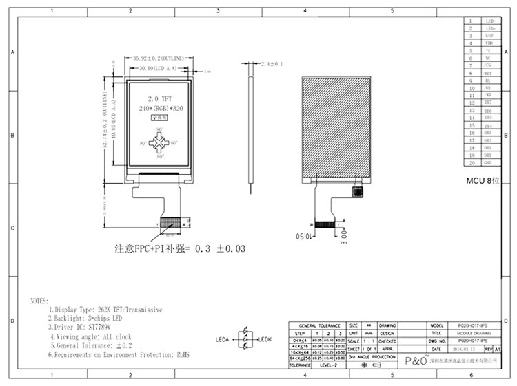 Polcd 262K 2.4Mm Schermo LCD da 2 pollici ST7789V IPS TFT Display LCD 240X320