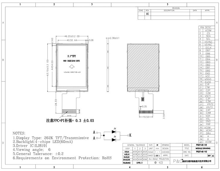 Il display a 2,7 pollici dell'affissione a cristalli liquidi dei pixel di Polcd 960x240 colora il piccolo display TFT da 262K