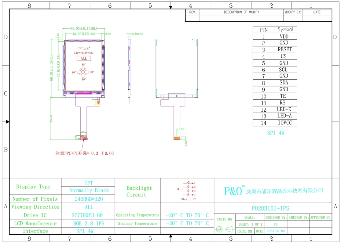 Polcd Produttore 2,8 pollici matrice 240x320 TFT Display 20 pin FPC LCM ST7789 Modulo LCD