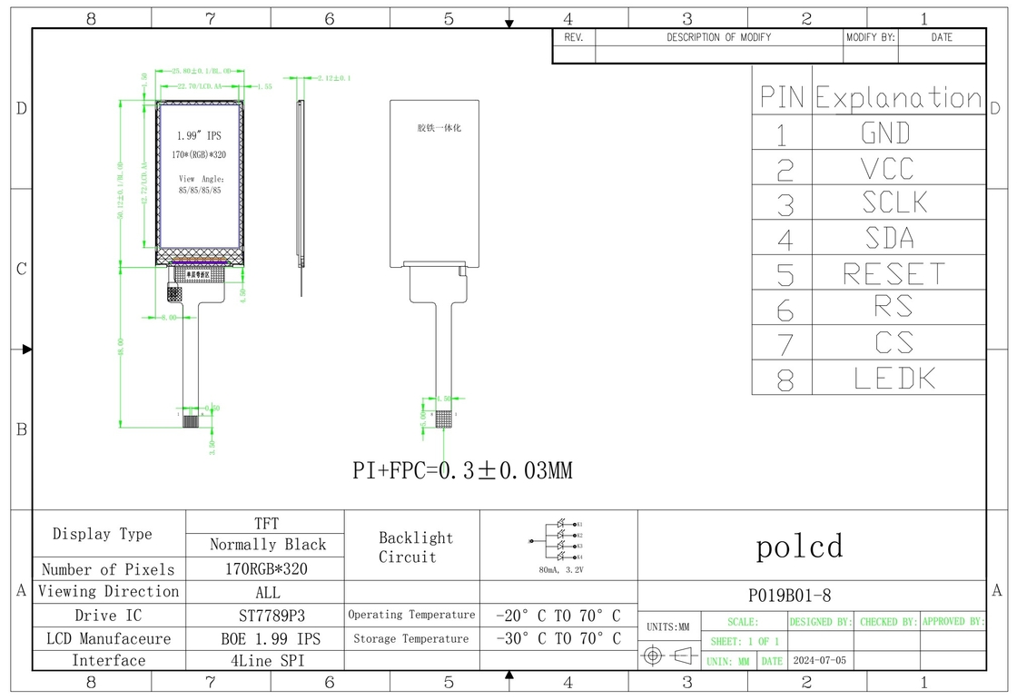 Polcd Piccolo Display LCD da 1,9 pollici 170*320 Transmissive IPS TFT LCD Module Screen