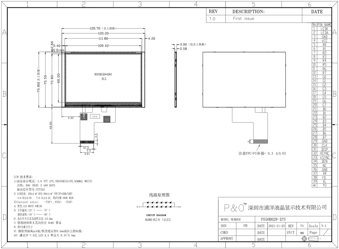 Polcd 800x480 5 pollici Display a forma quadrata LCD IPS View Angle Screen LCD 40pin ST7262 Drive Modulo TFT