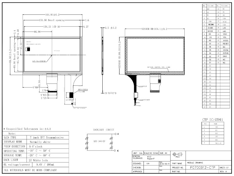 Polcd 7 pollici Modulo LCD di medie dimensioni 800*480 Display TFT a contatto ad alta luminosità