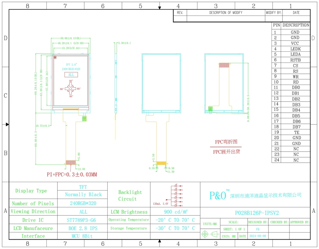 Polcd 2,8 pollici schermo LCD 240x320 MCU Interfaccia angolo di visione ampio TFT Modulo LCD riflettente con ST7789P3-G6