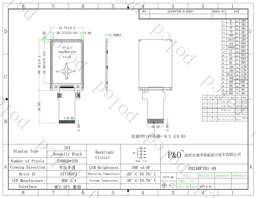 Polcd Display LCD a colori trasflessivo da 2,4 pollici TFT SPI MCU 20 pin Qvga 240x320 TFT LCD
