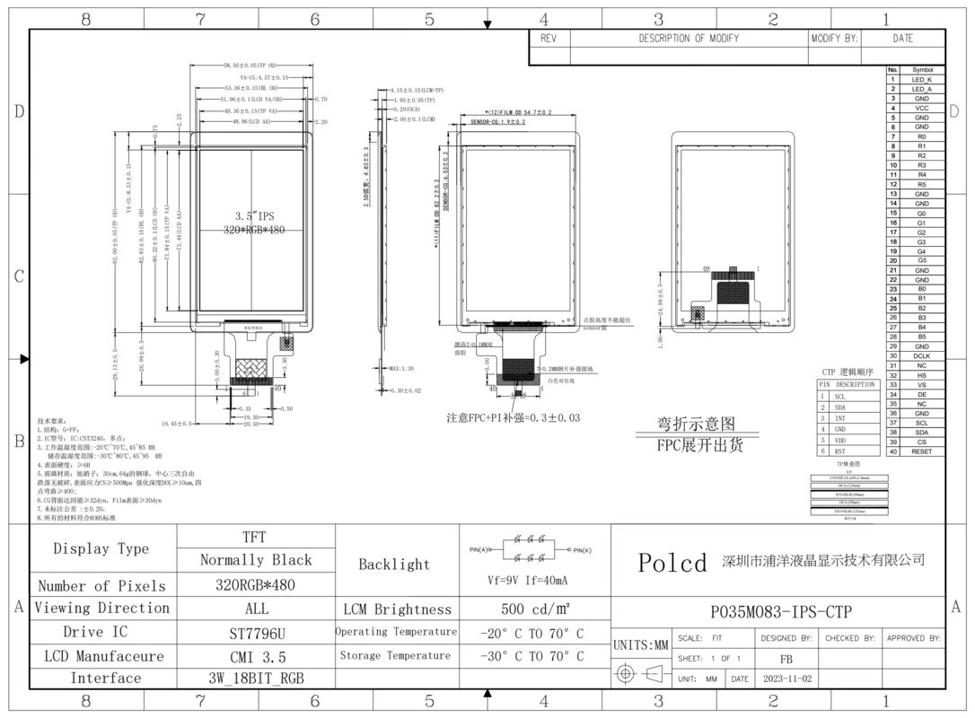 Polcd Display LCD personalizzato 3,5 pollici 320x480 40 pin IPS Angolo 500nit ST7796U Touch Screen capacitivo