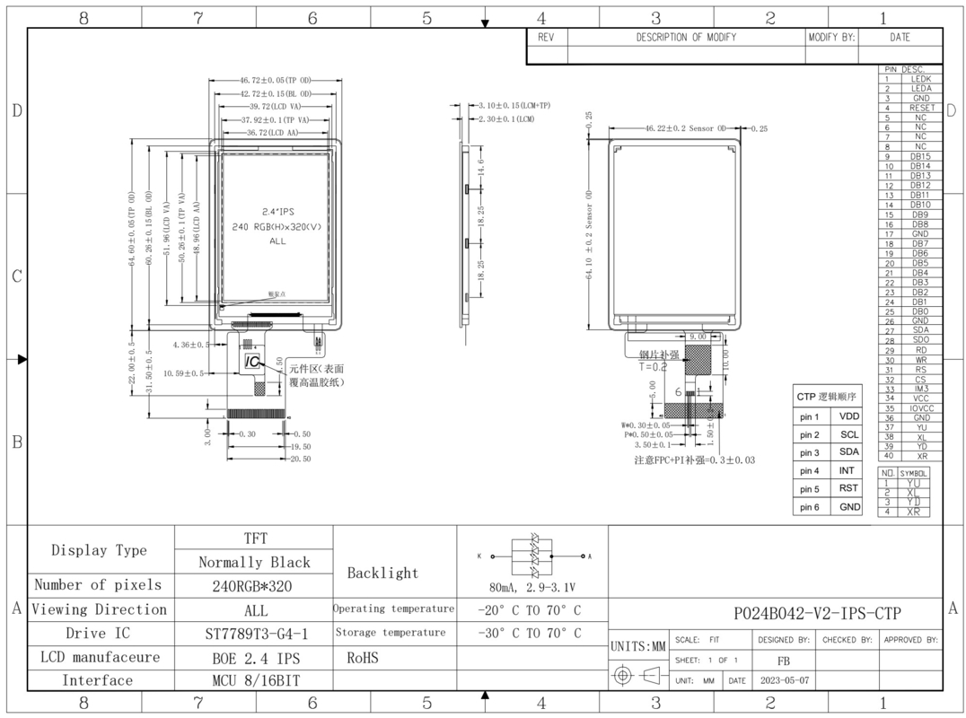 Polcd ST7789V drive ic Display LCD da 2,4 pollici 240x320 TFT LCD Color Screen Module con TP