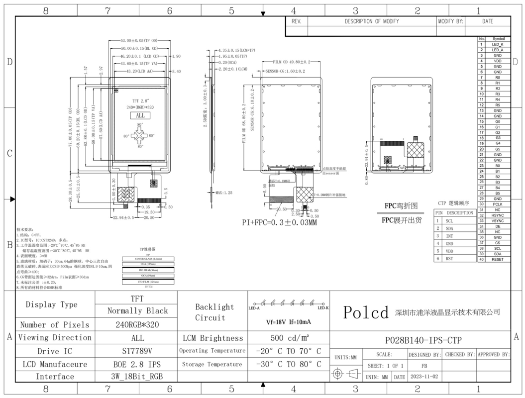 Polcd Alta luminosità 500nit 2,8 pollici schermo LCD 240x320 interfaccia RGB IPS CTP Capacitive Touch TFT Display