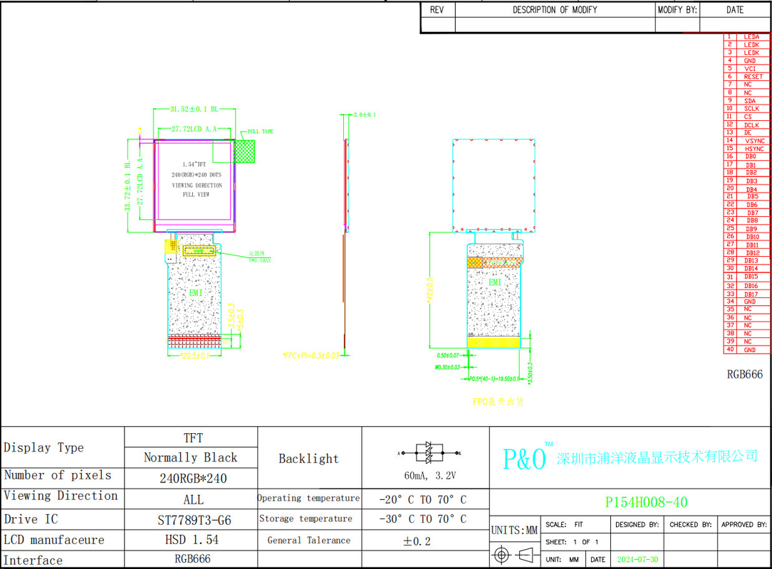 Polcd 1,54 pollici IPS TN Micro TFT LCD Modulo con retroilluminazione a LED 240x240 ST7789T3 Driver IC LCD Display Screen
