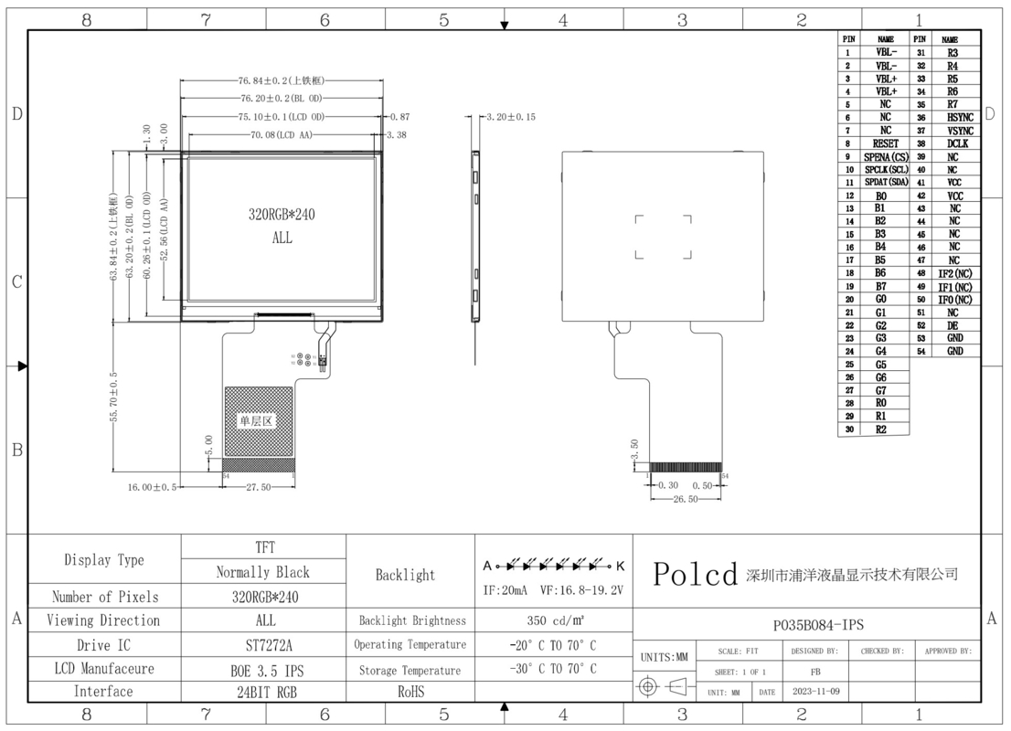 Polcd 3,5 pollici 320x240 Full Color TFT Display ST7272A drive ic IPS View Angle Display LCD a 54 pin