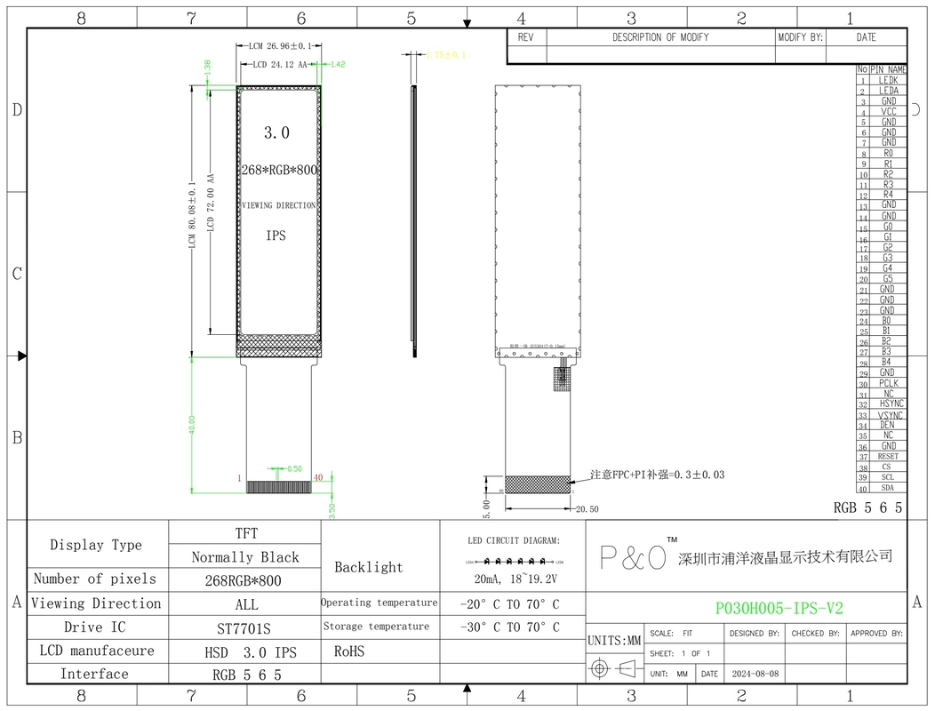 Polcd IPS 268x800 ST7701S Alta luminosità 700nits 3,0 pollici schermo LCD TFT Display LCD