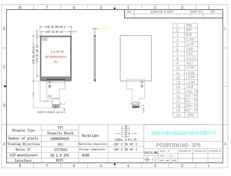Polcd 2,8 pollici 480x640 Risoluzione IPS Vetro LCM LCD Modulo MIPI Interfaccia TFT Display