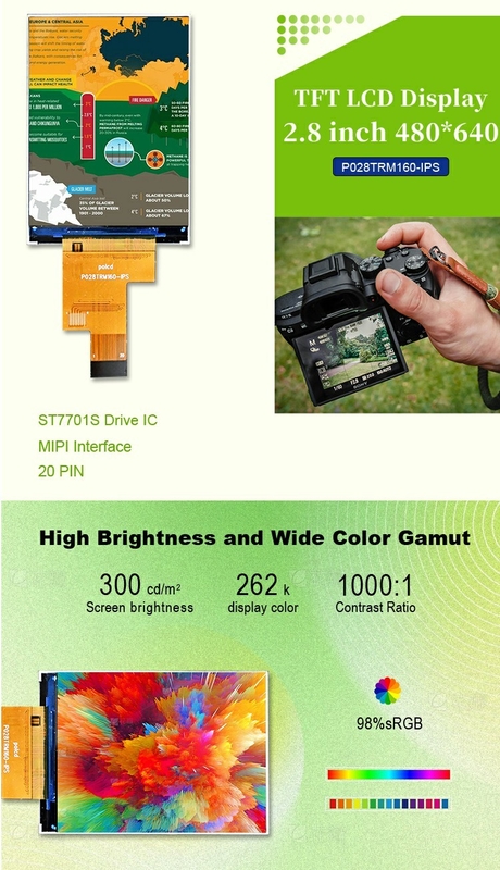 Polcd Display LCD IPS da 2,8 pollici con interfaccia MIPI 480x640 Risoluzione 300nits Modulo LCD TFT da 2,8 pollici
