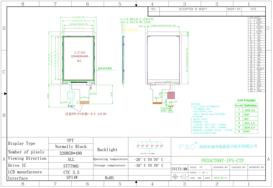 Polcd Contrasto elevato 3,5-pollici schermo LCD Alta luminosità 320x480 Pannello sensoriale capacitivo Tft display LCD
