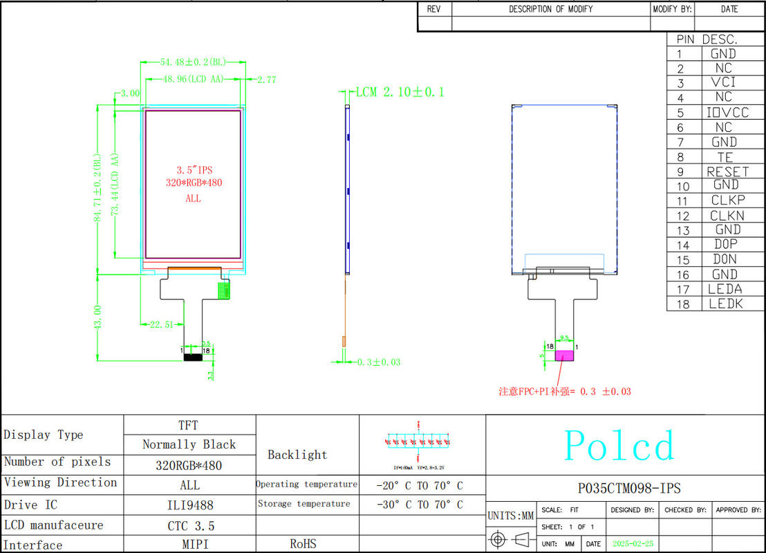 Polcd 3,5 pollici IPS TFT LCD 320*480 Ili9488 Display Ic 600:1 Moduli LCD con rapporto di contrasto