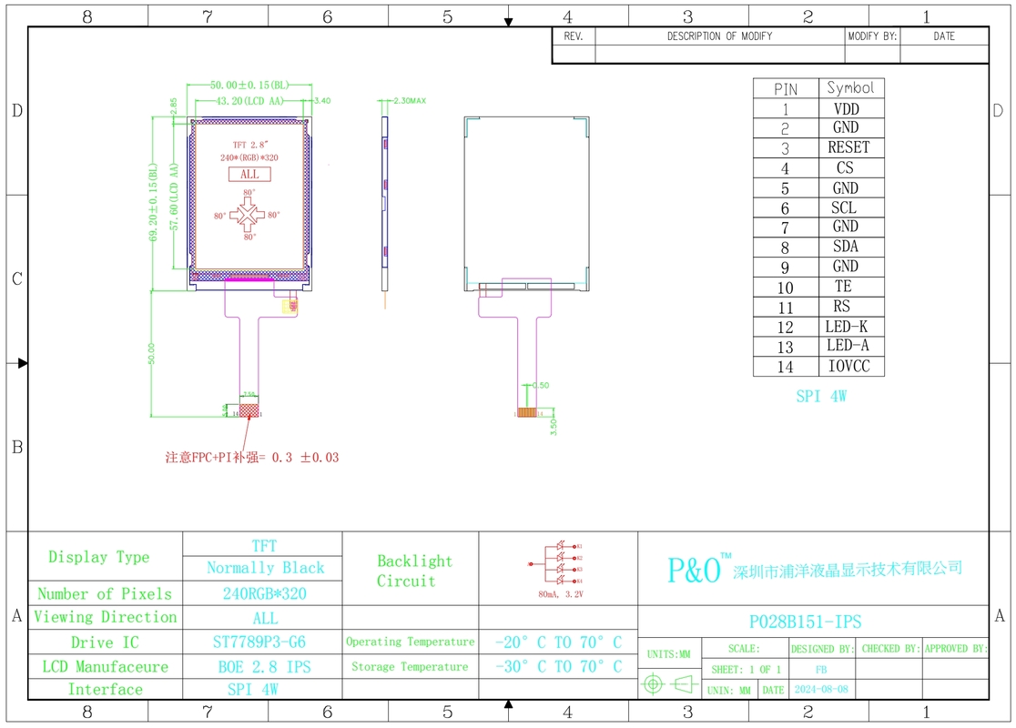 Polcd 2,8 pollici matrice 240x320 TFT Display 20 pin FPC LCM ST7789 Modulo LCD del produttore personalizzabile