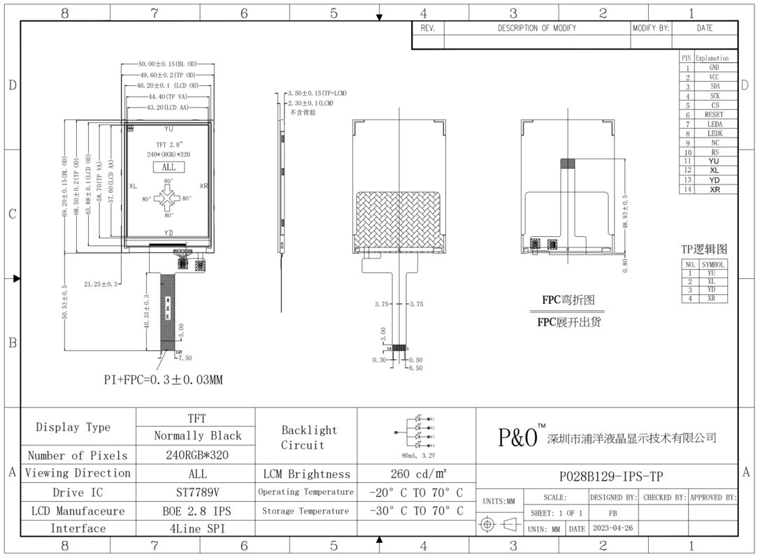 Modulo di visualizzazione LCD TFT Polcd da 2,8 pollici con interfaccia SPI/RGB/MCU a 14 pin con risoluzione 240*320