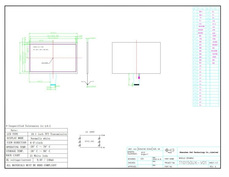Polcd Risoluzione 1024X600 Display LCD da 10,1 pollici EK79001 Tft Display Module 750 Nit