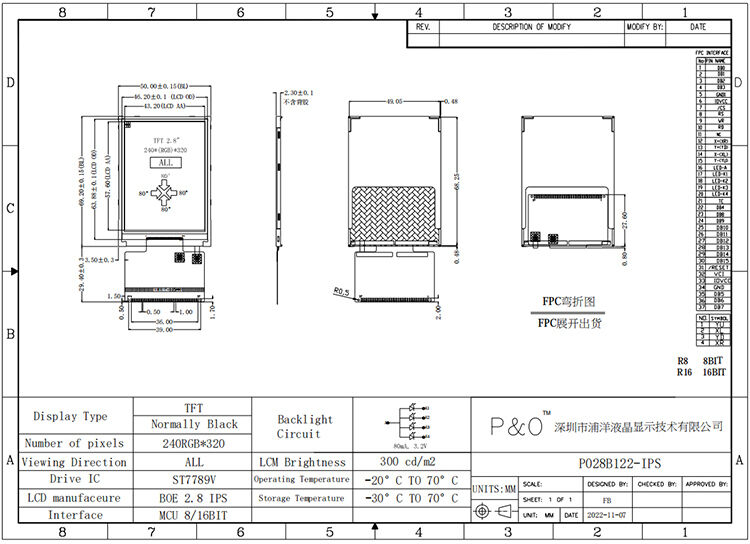 Polcd Piccolo 2,8 pollici 240x320 QVGA Alta luminosità 300nits Interfaccia SPI IPS display TFT