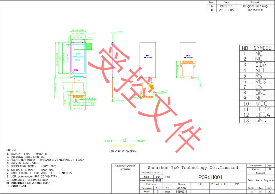 Polcd LCD da 0,96 pollici Fornitore 80*160 SPI Interfaccia con angolo di visualizzazione IPS Modulo di visualizzazione TFT FPC personalizzato