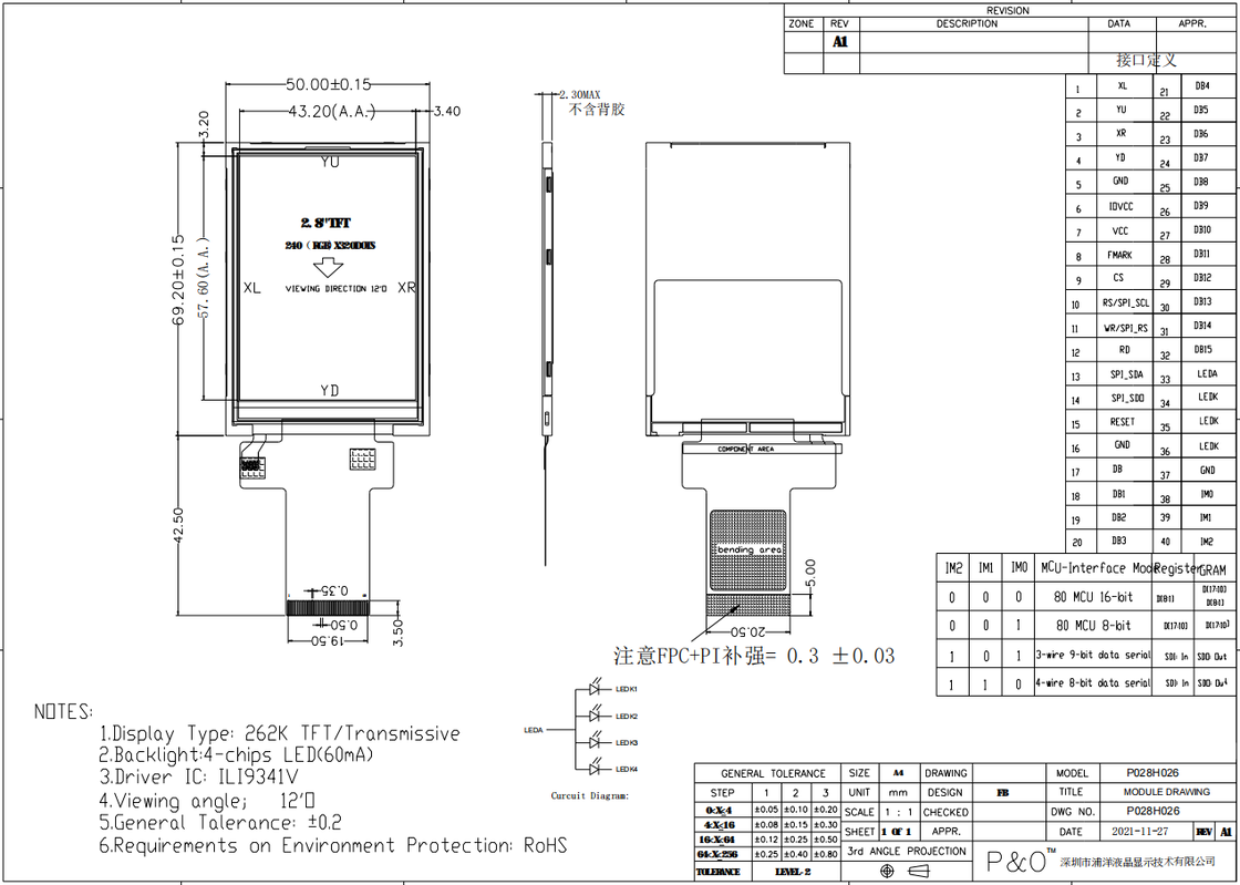 Polcd 2.8 pollici TFT Modulo 240x320 Risoluzione Interfaccia SPI MCU ILI9341v TFT Trasmettitore 2.8