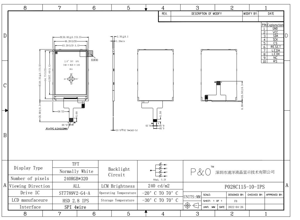Polcd Modulo LCM schermo IPS da 2,8 pollici Interfaccia SPI 240x320 ST7789V Display LCD TFT ad alta luminosità