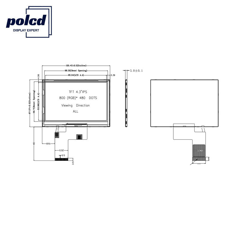 Polcd ST7262E43 Touch screen capacitivo a 4,3 pollici 40 Pin LCD 800x480 300 Nit